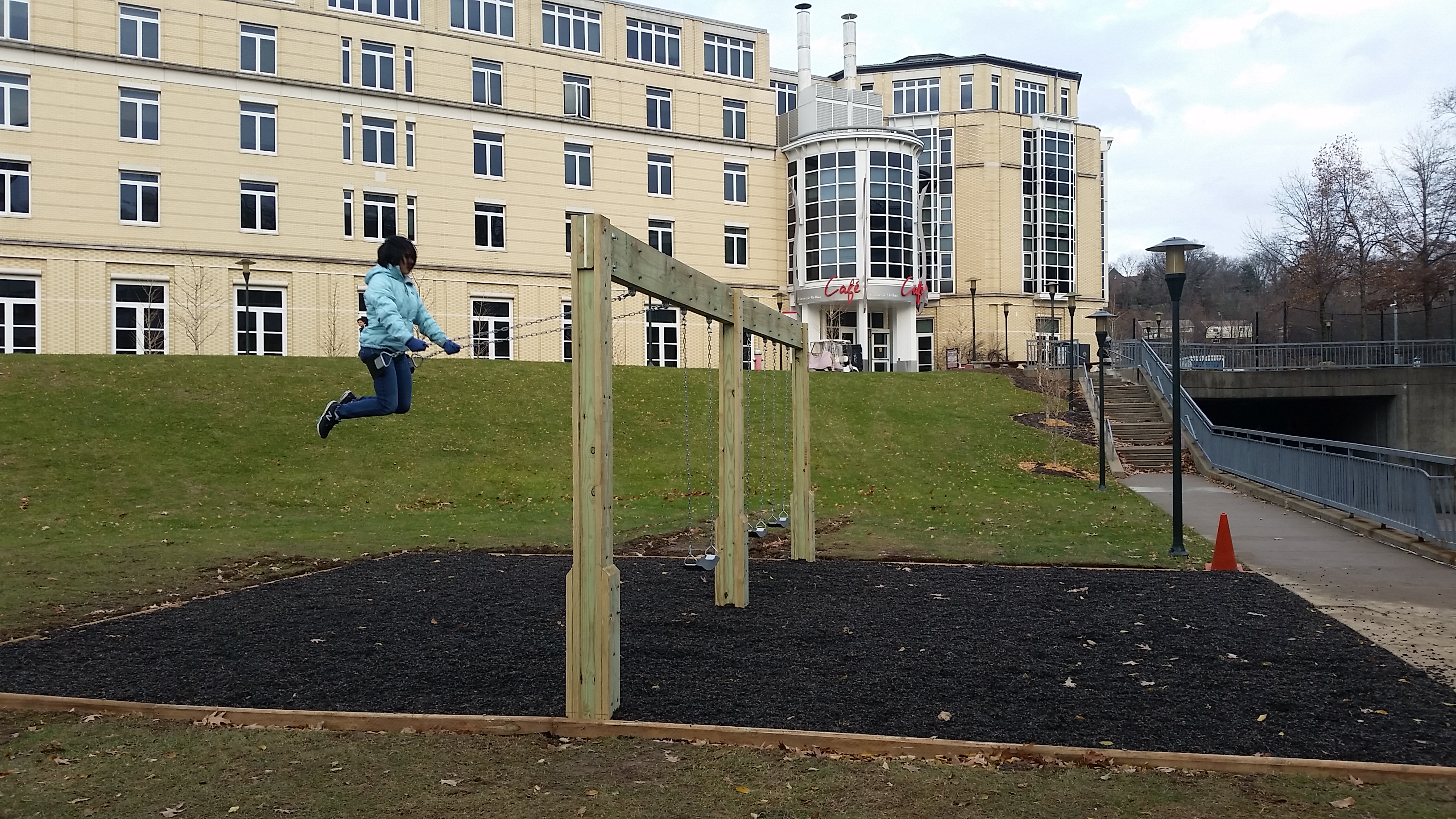 Campus Swingset located on the lawn in Donner Ditch.